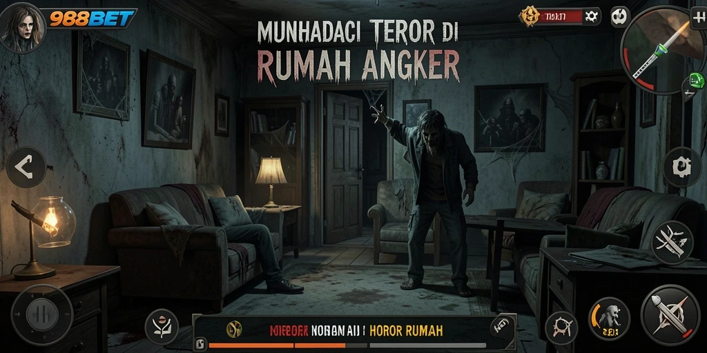 Tampilan antarmuka game 988BET dengan suasana horor rumah yang mendebarkan.